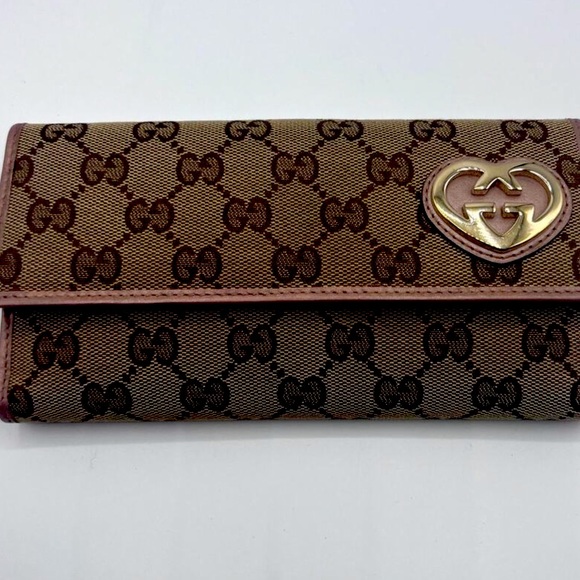 AUTHENTIC GUCCI GG MONOGRAM PINK LEATHER TRIM LOVELY HEARTS WALLET - Picture 2 of 11